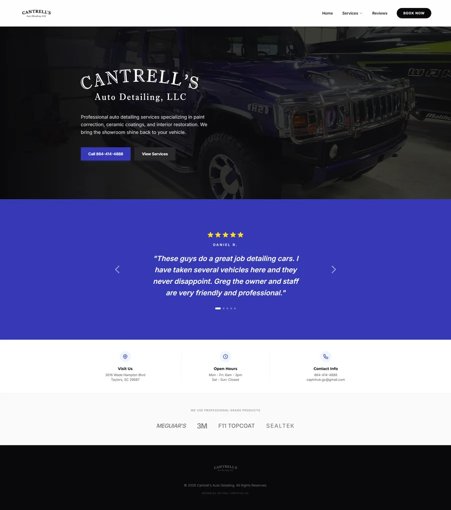 Custom auto detailing business website design for Cantrell Auto Detailing in Taylors, SC